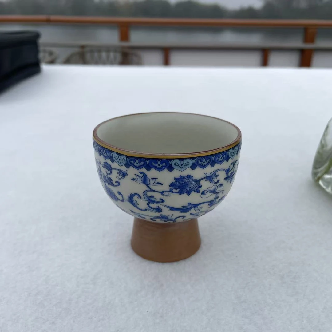 复古汝窑缠枝莲青花陶瓷主人杯大容量品茗茶具
