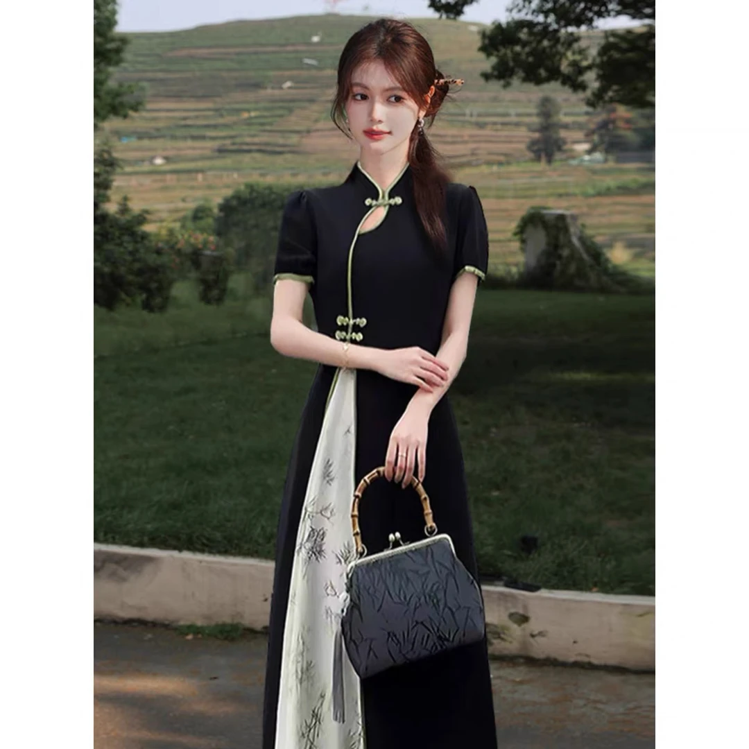 3176#高级黑绿拼接气质中式旗袍连衣裙