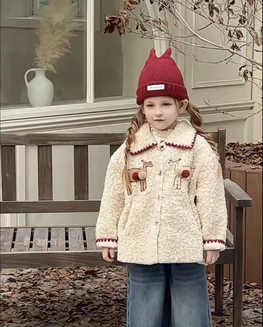 冬款大上新-《星森鹿语》女童秋冬法式复古风翻领皮毛外套D62008