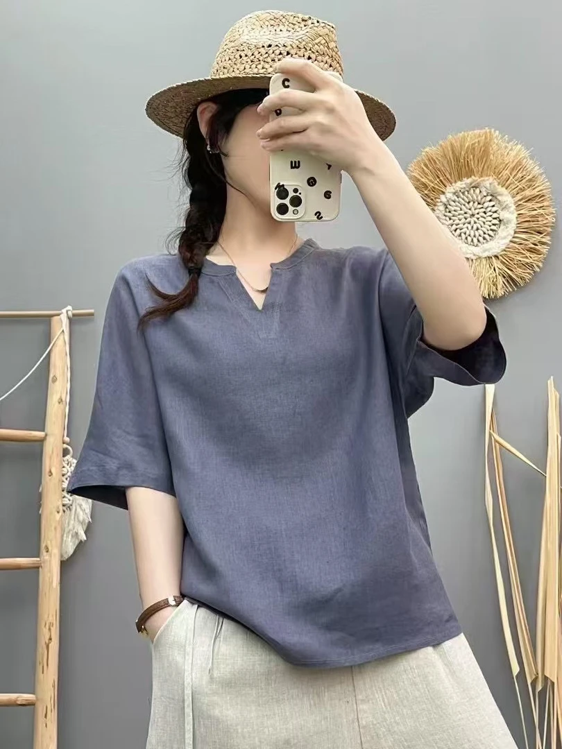 【100%汉麻 V领上衣】老钱风汉麻极简纯色中袖套头百搭上衣短袖小衫