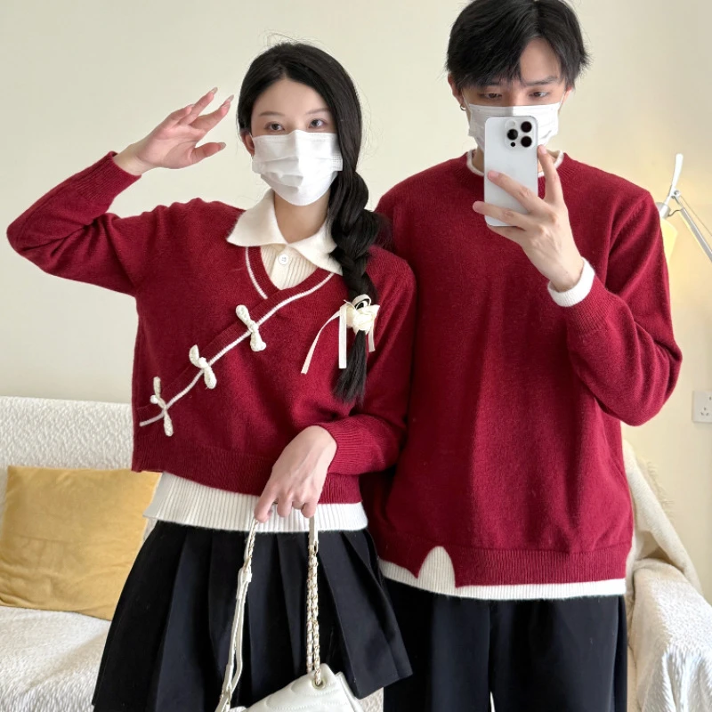 情侣装秋冬2025新款秋季女假两件翻领针织衫新中式盘扣男装毛衣