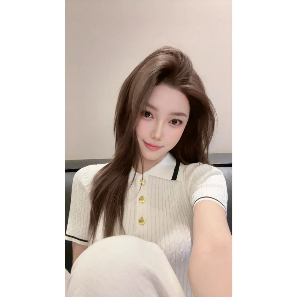 【圆圆专属】白色翻领短袖针织衫 休闲 百搭短袖