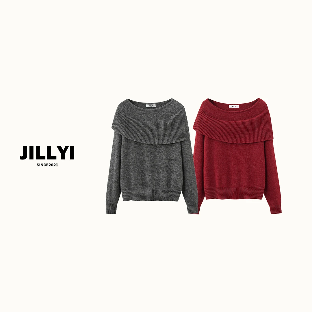 JILLYI南山店【南法遐想】双色一字领公主气质时尚针织衫秋季纯色百