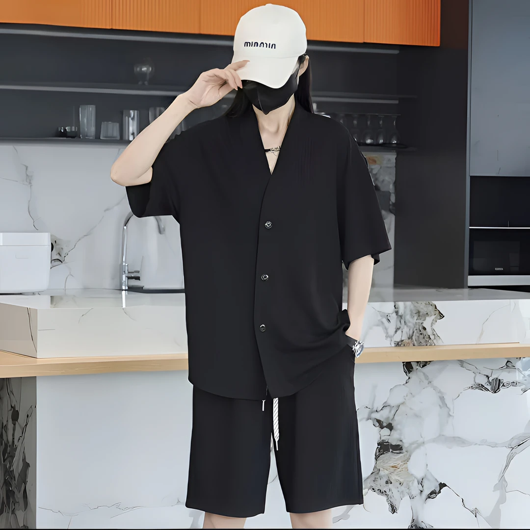 夏季新款黑色V领短袖宽松短裤男简约轻奢时尚潮流痞帅休闲男套装