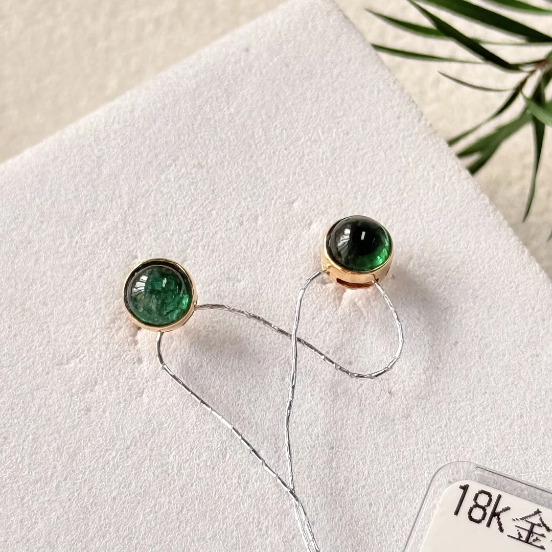 【六六中古】孤品复古18k金祖母绿耳钉te6878
