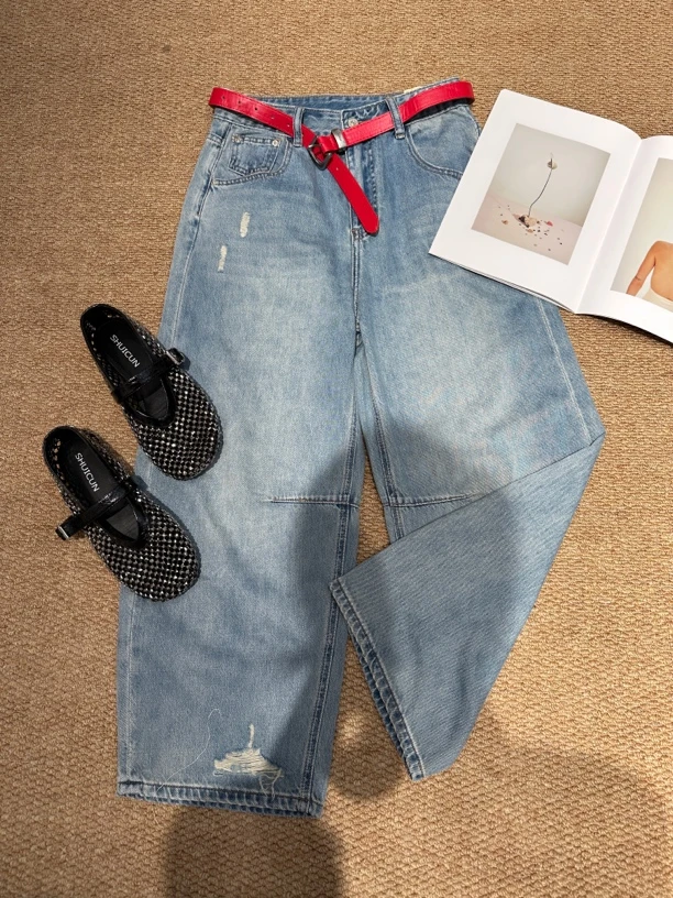 酷希莱夏季新款高腰窄版显瘦阔腿牛仔裤女薄款复古休闲直筒012