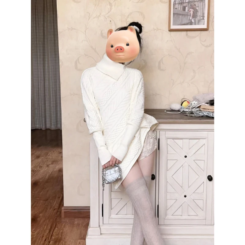 韩系早秋穿搭白色不规则高领斗篷麻花毛衣女秋冬慵懒风针织衫上衣