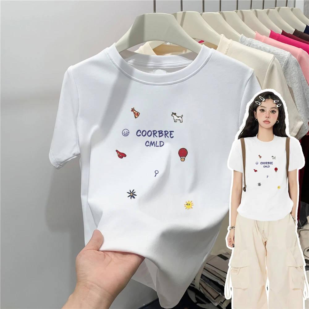 正肩显瘦显白短袖T恤女装设计感打底纯棉百搭卡通印花ins圆领上衣