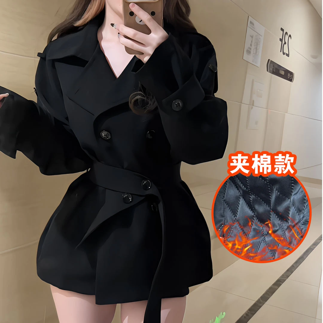iqcq英伦风翻领短款黑色风衣女秋冬辣妹高级感双排扣收腰显瘦外套