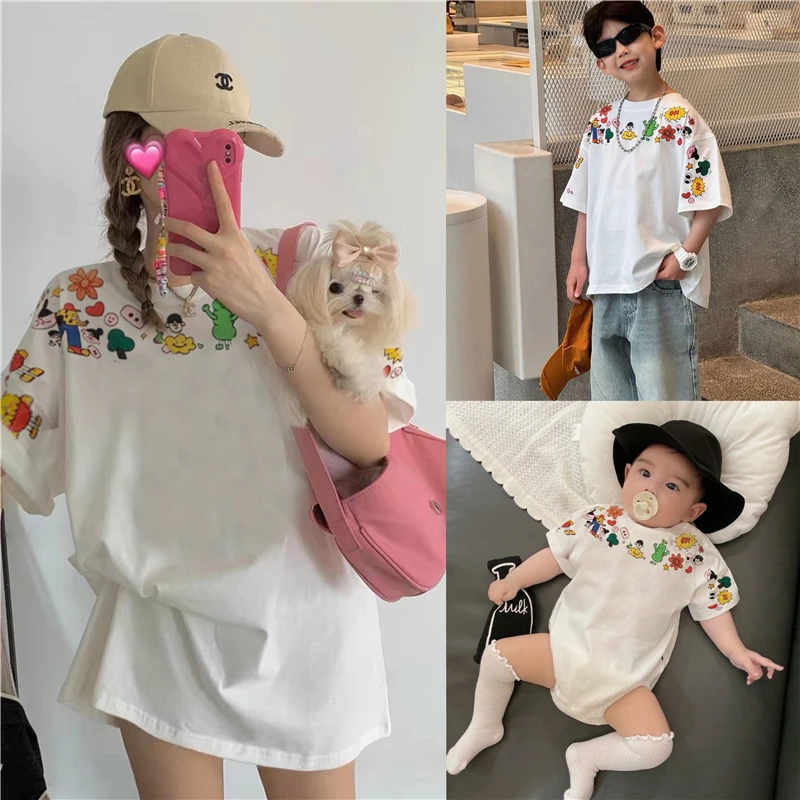 趣味印花亲子装2025夏季新款一家三口宽松短袖T恤母子纯棉半袖潮