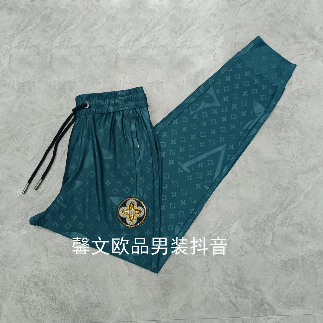 馨文欧男休闲裤夏季超薄款压花墨绿色潮牌百搭高弹力速干空调裤