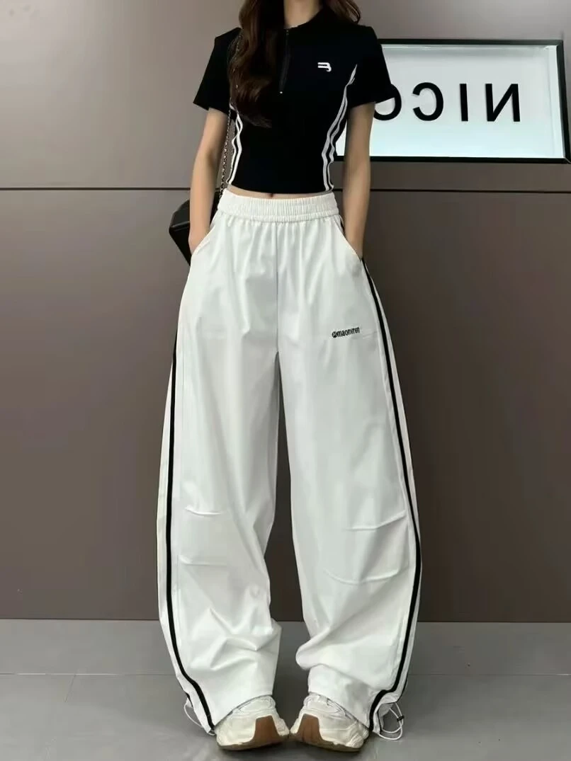 2025夏季薄款冰丝速干侧边拼色拼条字母刺绣简约时尚运动休闲裤