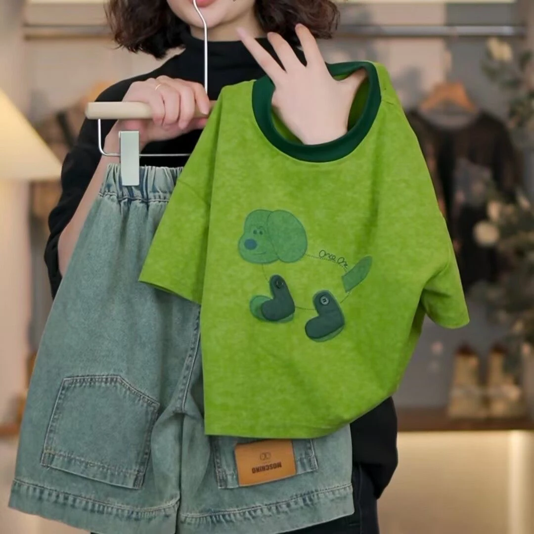 立体玩偶牛油果绿夏季短袖卡通小狗短袖上衣