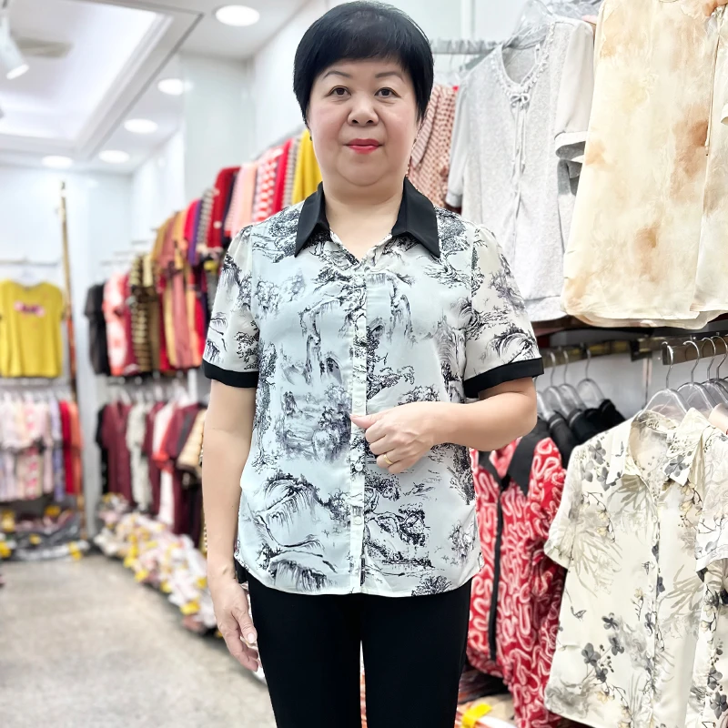新中式国风时尚妈妈装短袖T恤衫山水画中老年女装翻领雪纺上衣服