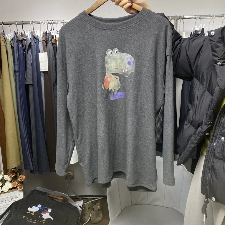 圆领通勤风拼接长款宽松T恤简约家居服印花百搭