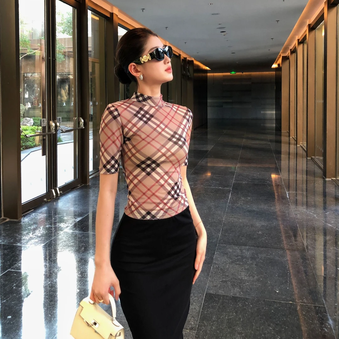 辣妹格子透视网纱中袖t恤性感紧身显瘦气质套装百搭新中式两件套