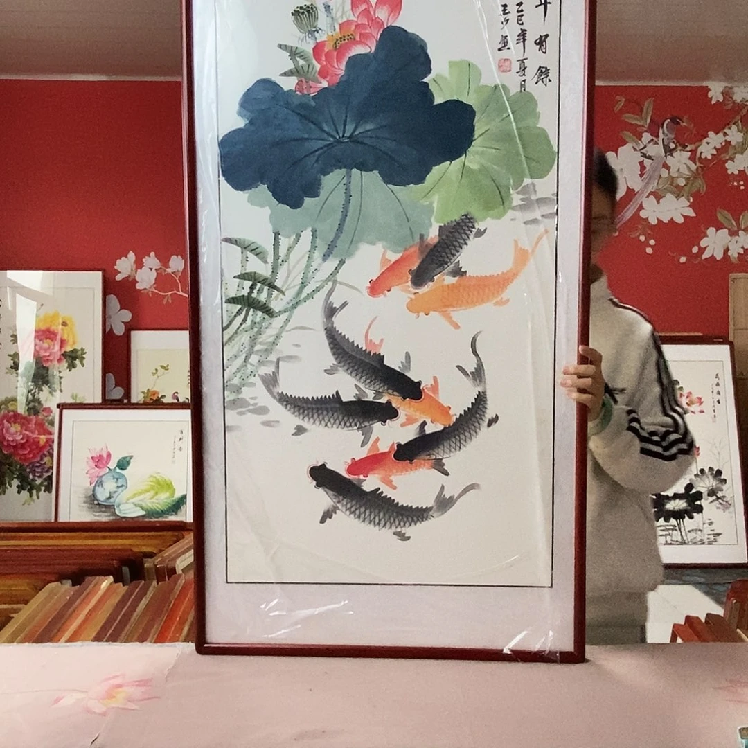 国画手写手绘国画作品带框包邮62✖️122