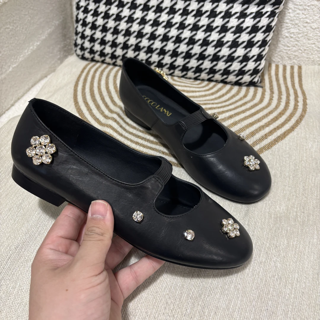 【茜妍】时尚休闲百搭水钻女士黑色软底圆头低跟小单鞋25DX045LX