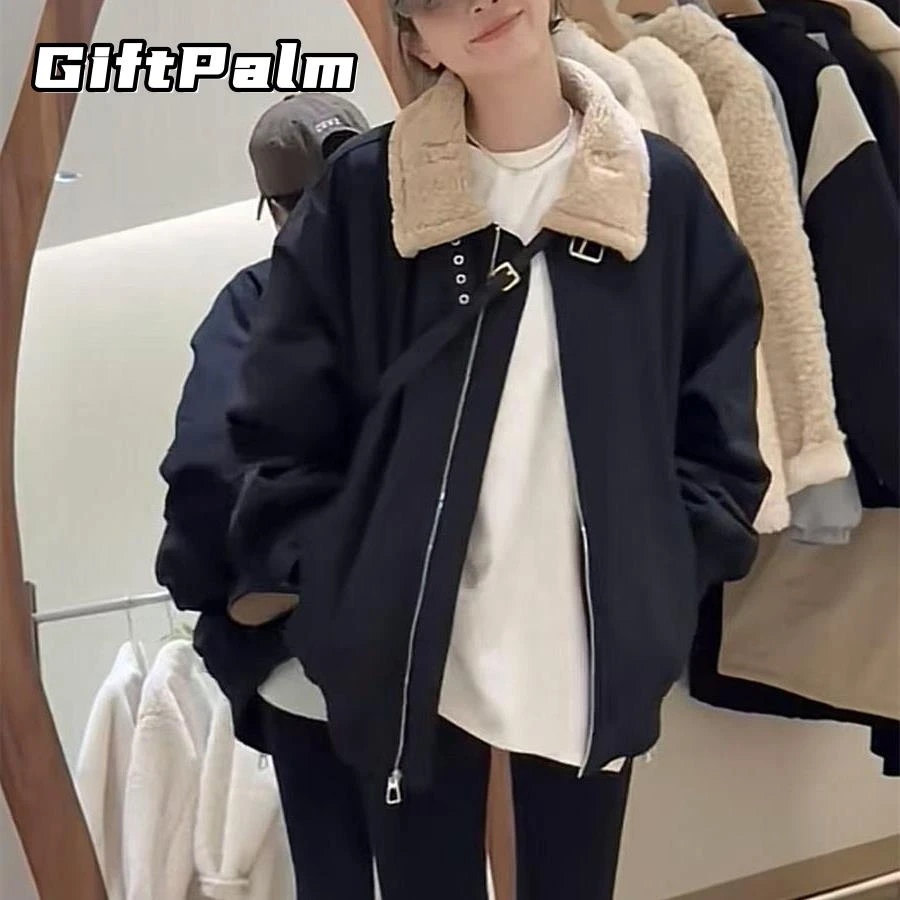 GiftPalm韩版拼接羊羔毛翻领工装派克服外套女冬新款休闲保暖棉衣