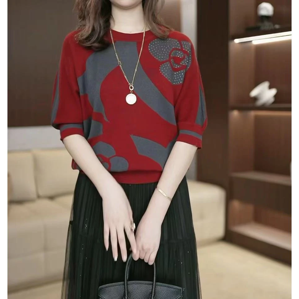 夏装新圆领中袖女宽松妈妈装减龄洋气上衣加大码薄款针织衫3021