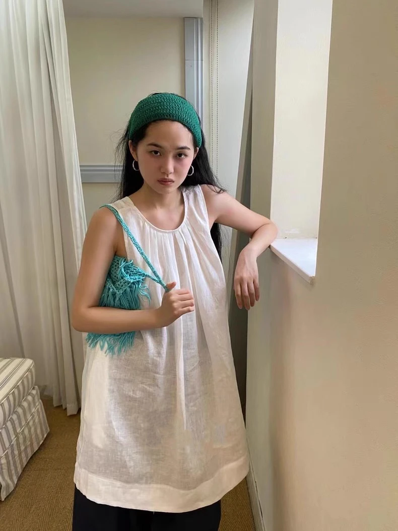 【前后两穿】韩系夏日百搭简约前后两穿麻料背心叠穿连衣裙上衣3236