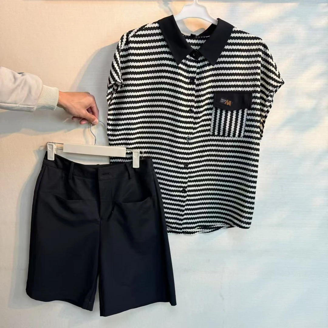 【120311套装】条纹衬衫短裤短袖休闲百搭夏季潮流简约翻领
