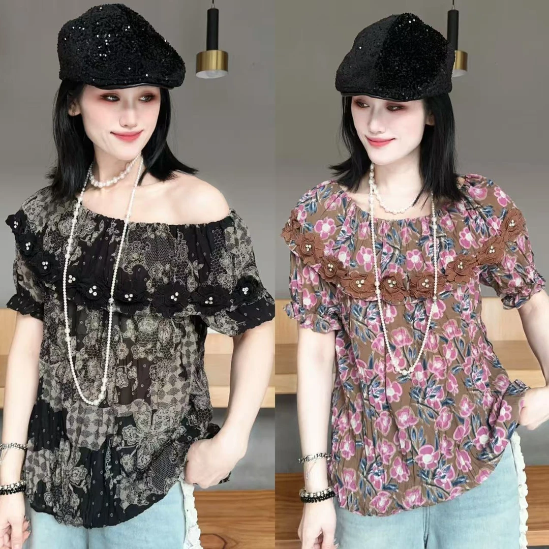 【YJ·高定】2025夏季薄款清凉透气气质百搭一字领碎花半袖女 YY2412