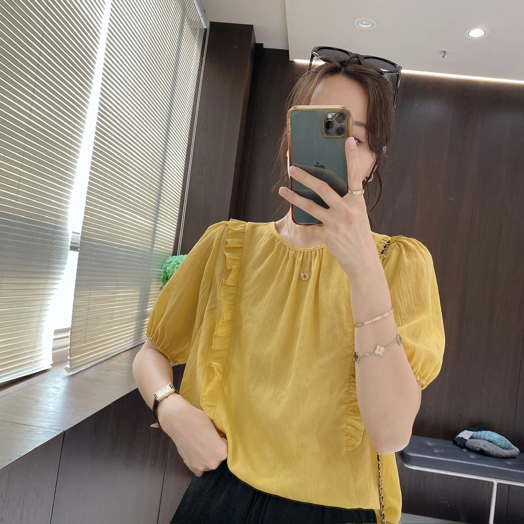IMFLY金小金自制女装 莱赛尔小衫DYW9197夏季宽松圆领木耳边衬衫