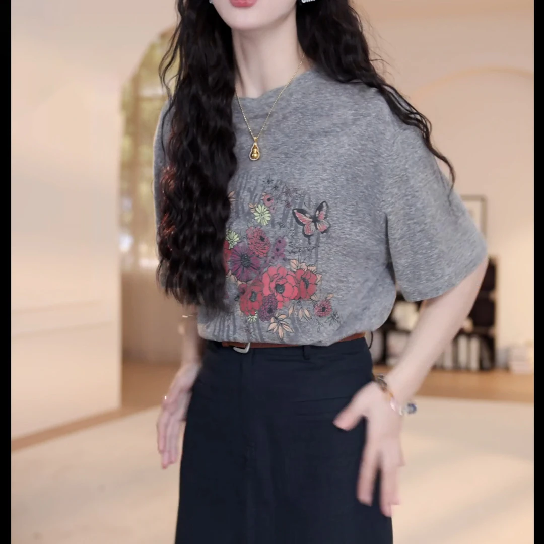 2025春夏新款落肩宽松圆领短袖T恤衫复古印花上衣LK2501338