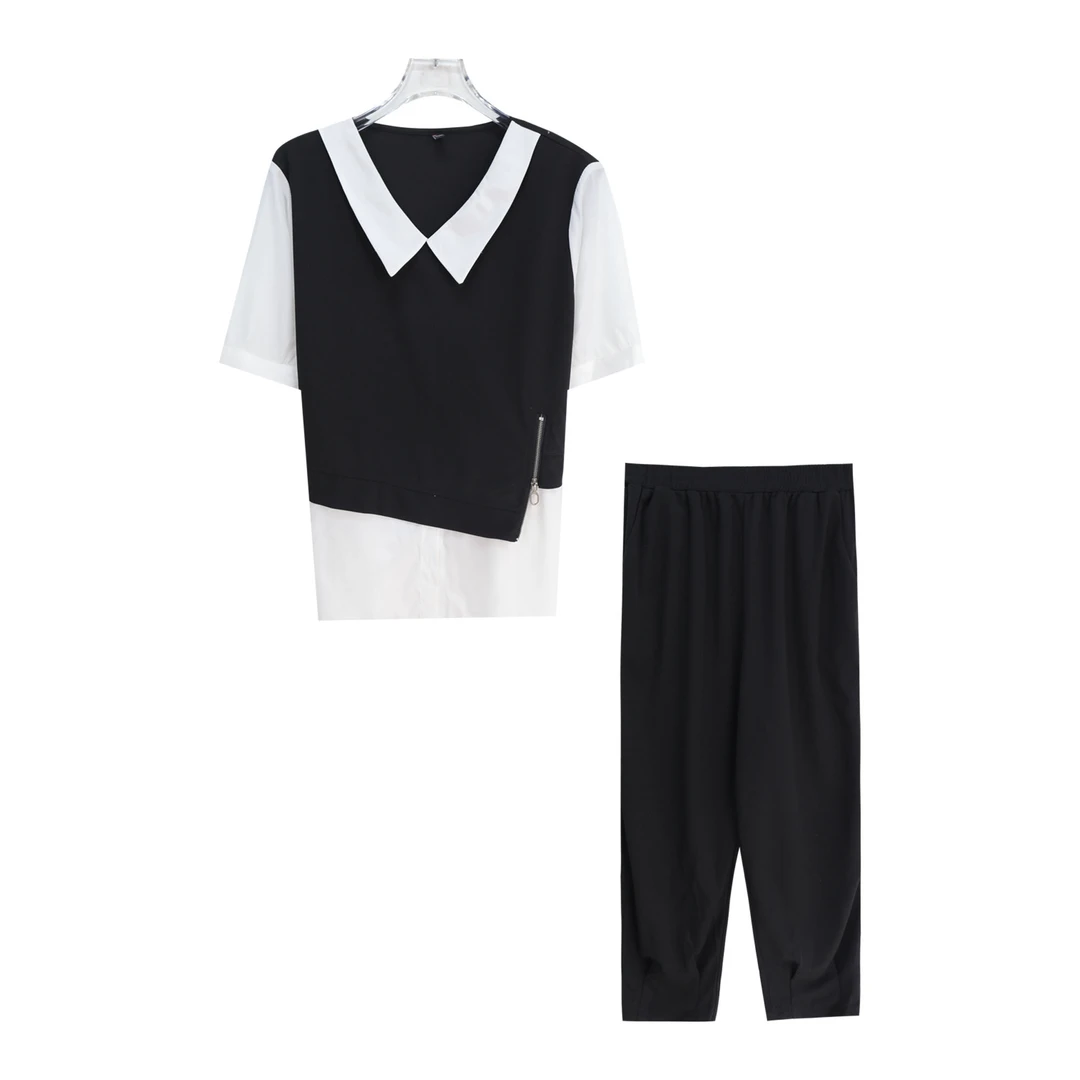 宽松时髦减龄假两件上衣显瘦哈伦裤套装S1779