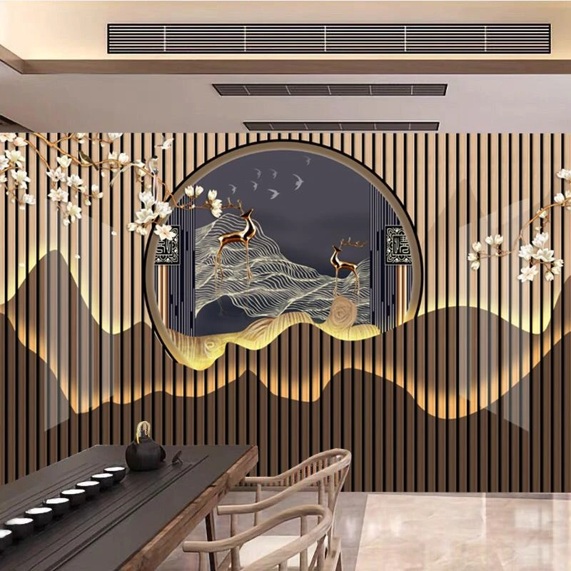 8D山水竹木纤维电视背景墙集成板3D拼接客厅墙板轻奢护墙板高光画