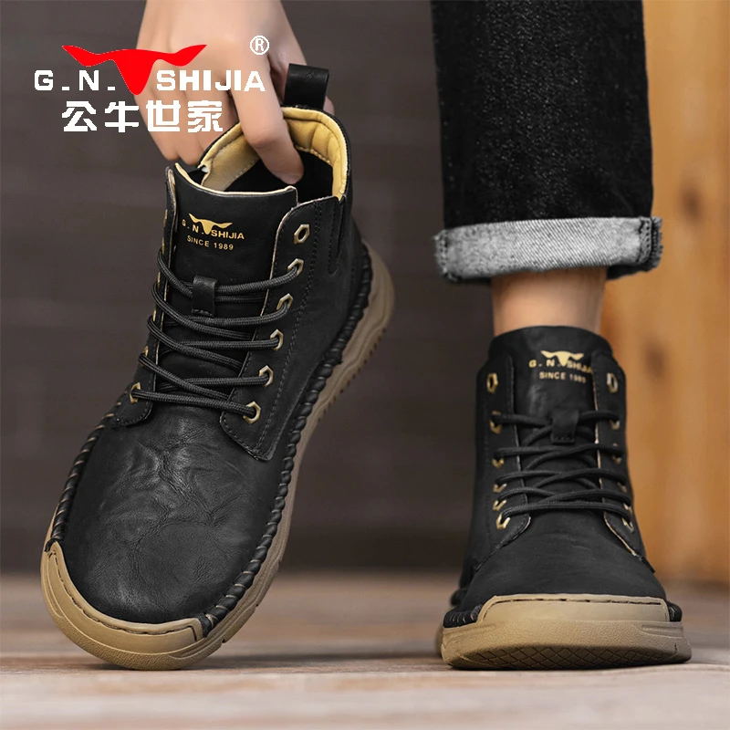公牛世家2025冬季新款男鞋真皮高帮厚底运动马丁鞋男工装休闲皮鞋