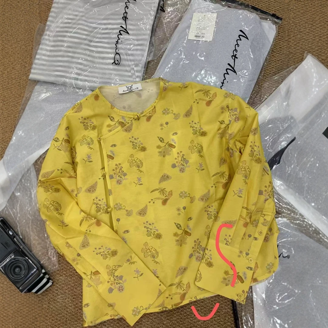 现货【M/Q黄色碎花衬衫】2025秋新品印花盘扣斜门襟新中式衬衫女