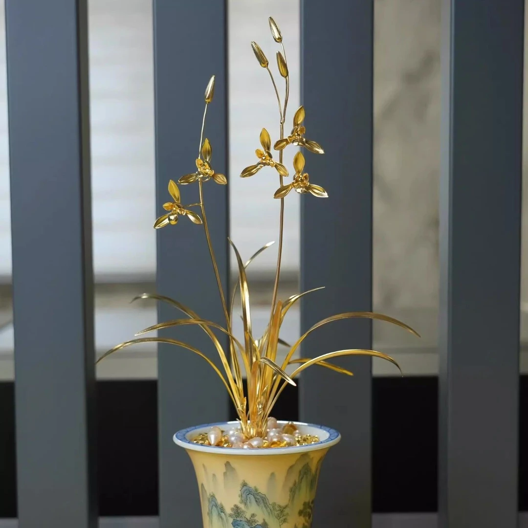 「花中君子」花中君子兰花摆件文房清供兰花摆件办公室桌面装饰品