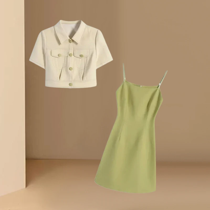 大码女装洋气POLO领开衫短袖外套套装2025夏季显瘦吊带裙两件套