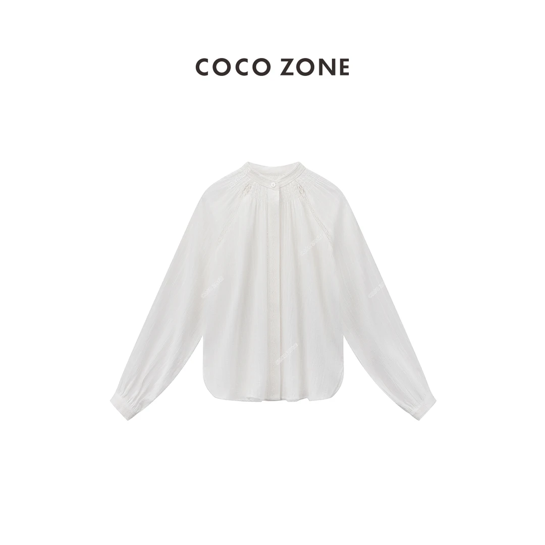 COCO ZONE 刘一一"南一"复古镂空插肩袖立领单排扣衬衫 CC1B0970