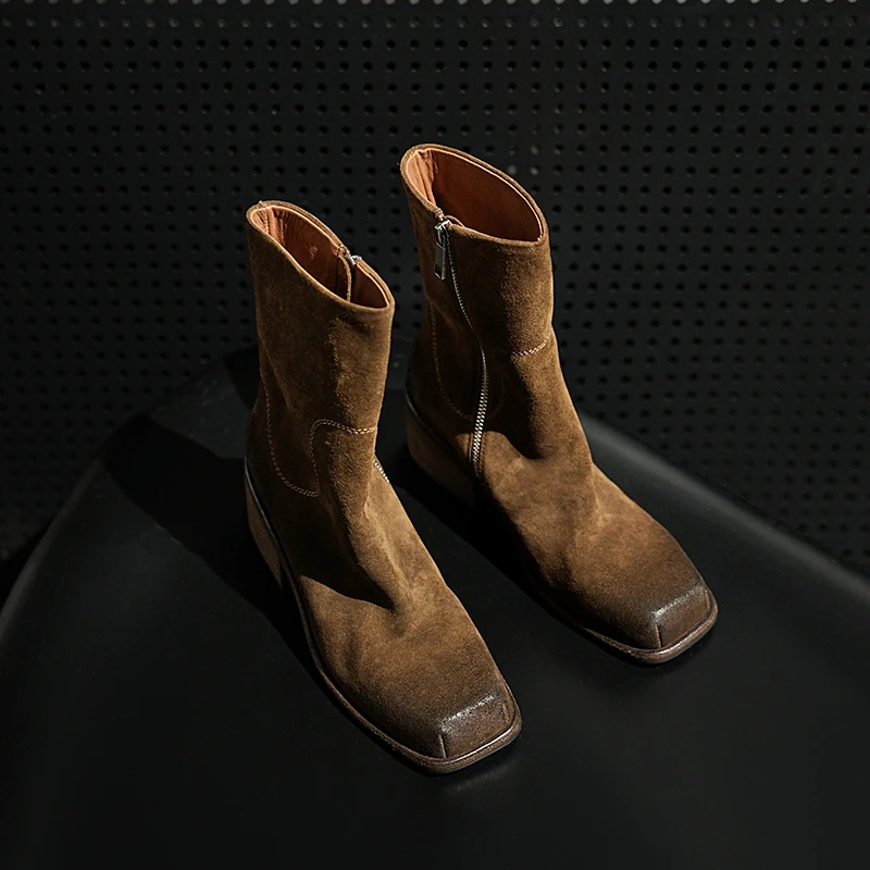 【邓老师】水洗马皮/6cm/新款方头短靴女粗跟牛仔靴侧拉链百搭时尚