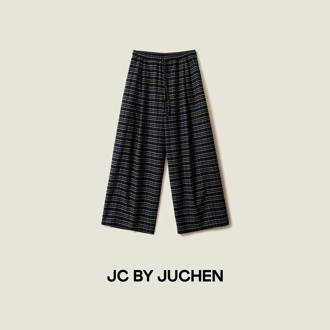 蓝影绿格baggy磨毛版格子裤 微弧茧型廓形秋冬休闲裤FW074886