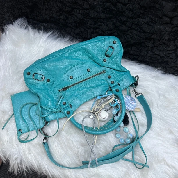 95新 Balenciaga/巴黎世家 巴黎世家孔雀蓝绿小号机车单肩包