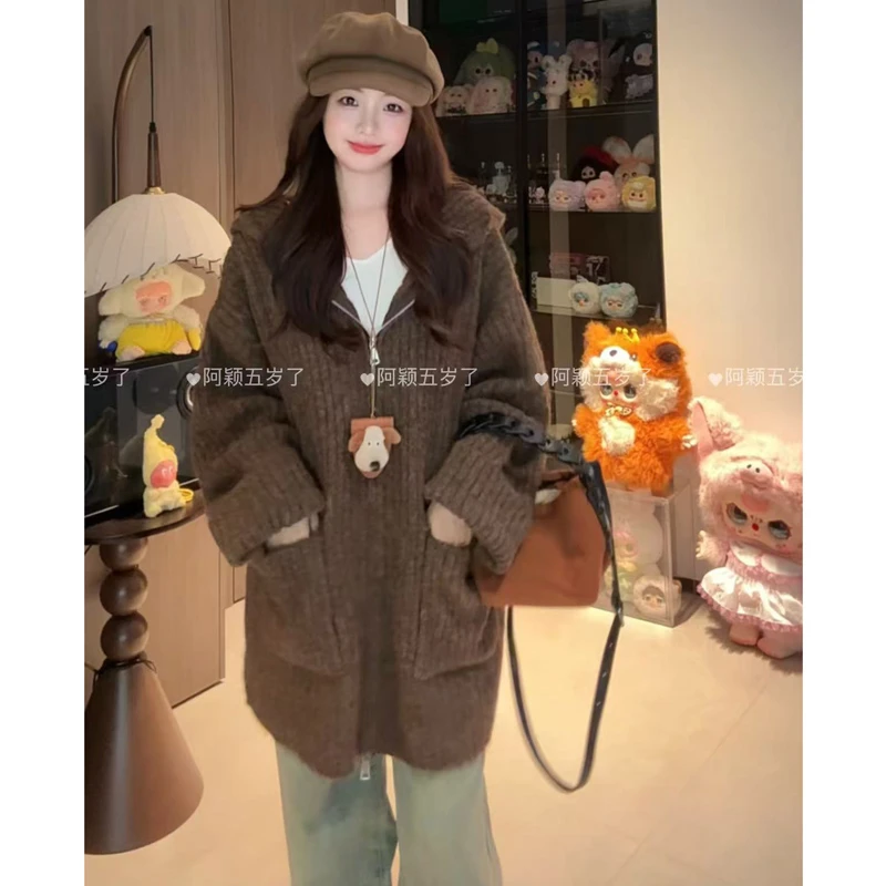 【阿颖专属】“雾秋漓”双拉链连帽毛衣外套女秋冬季慵懒风针织衫8801