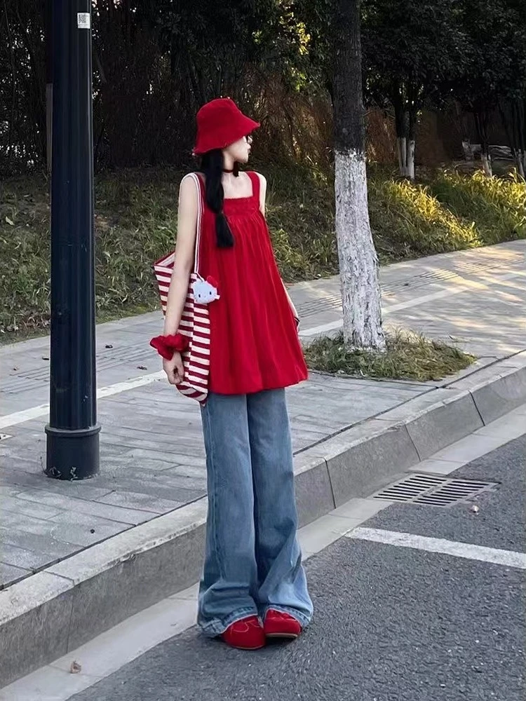 韩系红色露背无袖吊带背心女外穿2025新款减龄气质绝美鱼骨上衣