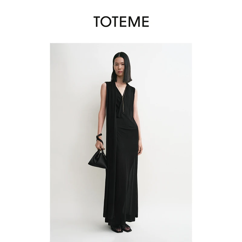TOTEME女装黑色垂褶质感半透视V领层叠围巾连衣裙