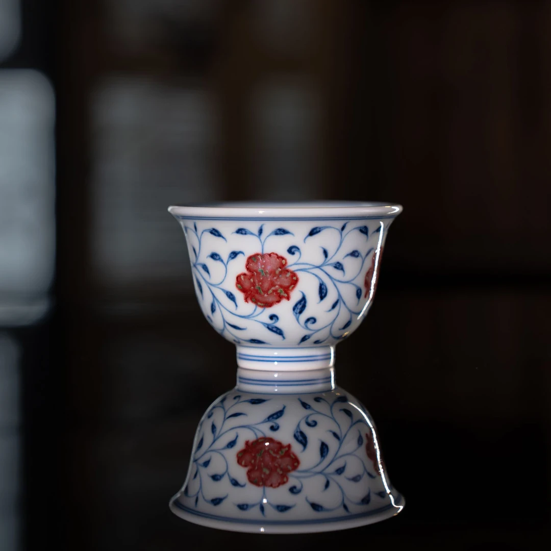 景德镇和然窑 - 纯手工手绘原矿青花釉里红缠枝莲铃铛杯