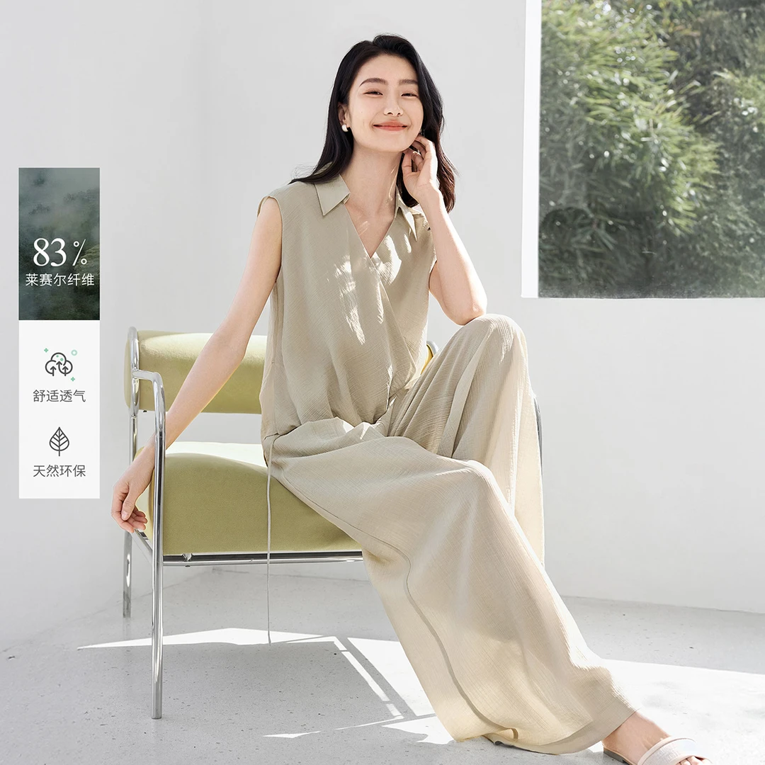 IHIMI/海谧2025年夏季新款女装简约休闲气质翻领衬衫长裤两件套装