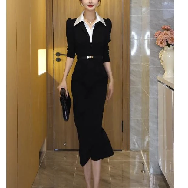 春季新款气质修身显瘦拼接POLO领后开叉中长款连衣裙YU21302
