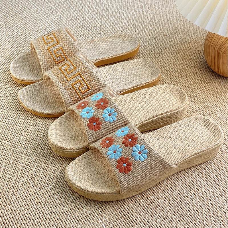 夏季情侣亚麻厚底凉拖鞋室内居家软底防滑耐磨轻便四季通用