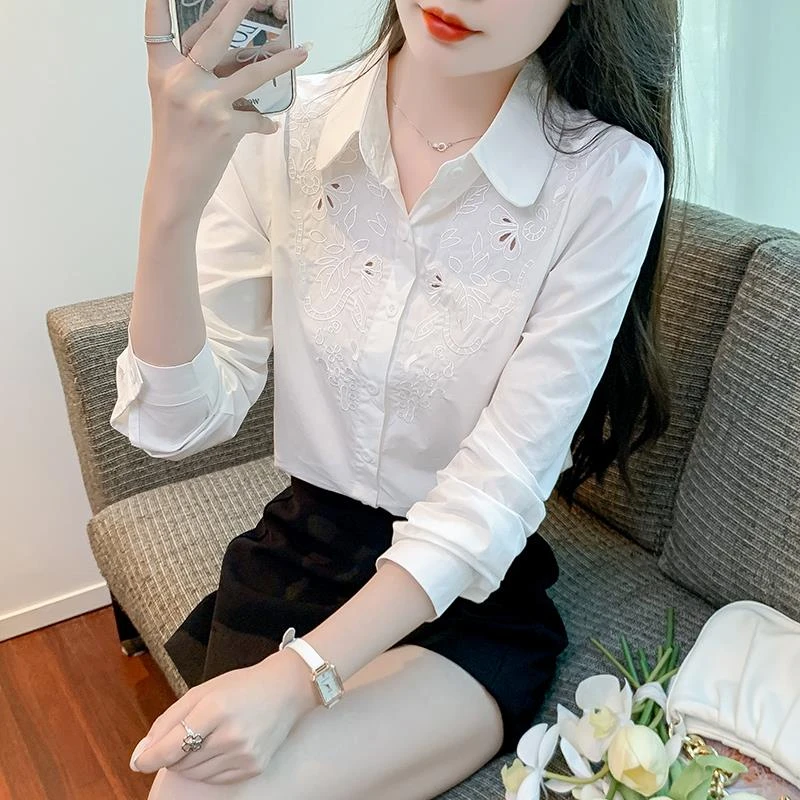 高端爆款刺绣纯棉衬衫女2025秋季新款轻奢高级感洋气衬衣打底衫潮