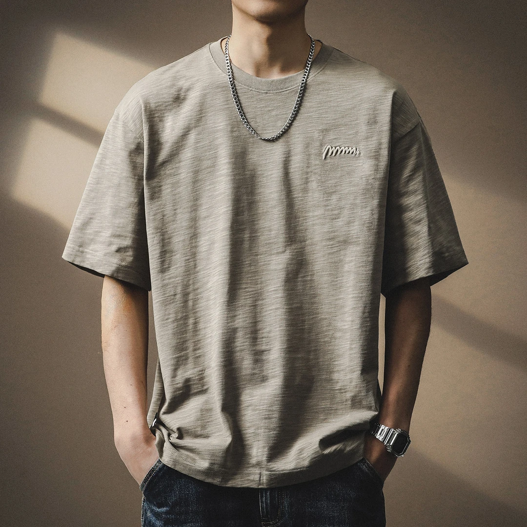 MR.MUDI/穆迪先生日系复古简约刺绣竹节棉短袖T恤男夏季宽松大码