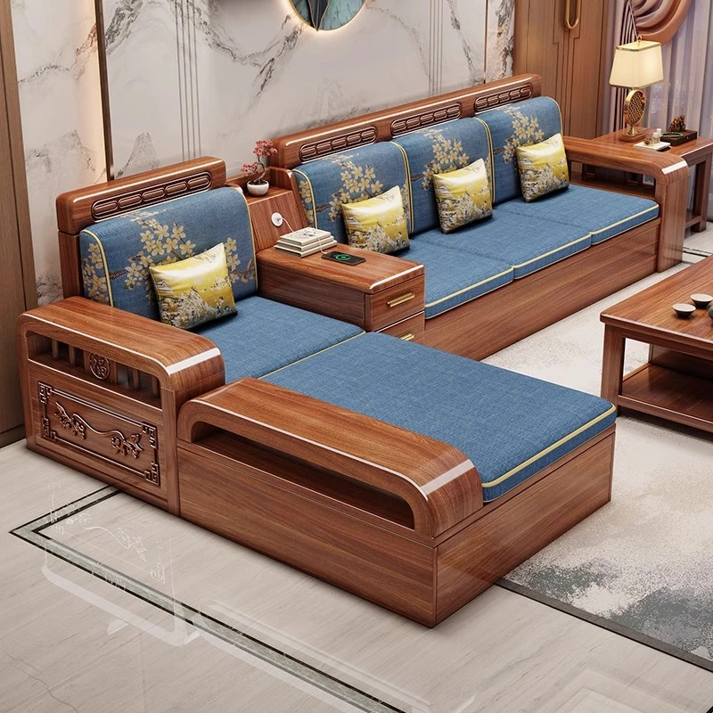新中式胡桃全实木雕花长贵妃沙发简约客厅高箱储物冬夏两用全套