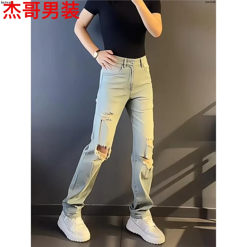 裤子潮牌复古直轻奢大码筒裤牛仔裤男装秋冬新款水洗男士破洞美式